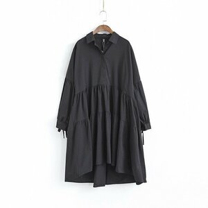 LDL067#レディース 秋ロングシャツ ゆったり 綿麻混ワンピース シャツワンピース 長袖 大きいサイズ ブラック.
