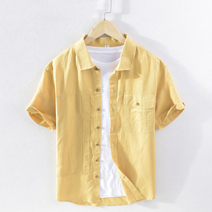 LGH798#シャツ　メンズ　リネンシャツ 　半袖　綿麻 細身　カジュアルシャツ　無地　夏　通気　シンプル　3XL