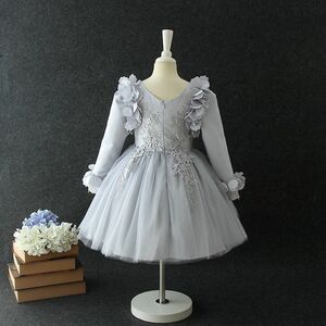 LGH127#グレーA 素敵な子供ドレス キッズベビーの発表会 結婚式に 花柄100-160cm