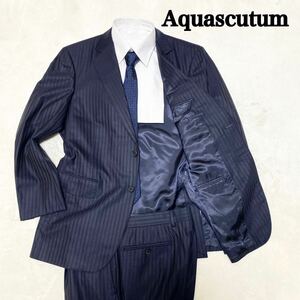 1円〜極美品 Aquascutum アクアスキュータム スーツ セットアップ ストライプ 2B ネイビー Lサイズ