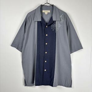 USA古着 開襟シャツ 半袖 シルク ロカビリー キューバ 刺繍 グレー XL