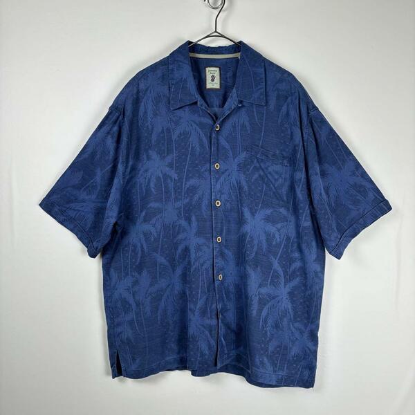 USA古着 開襟シャツ シルクシャツ 半袖 和柄 ヤシの木 ブルー 2XL