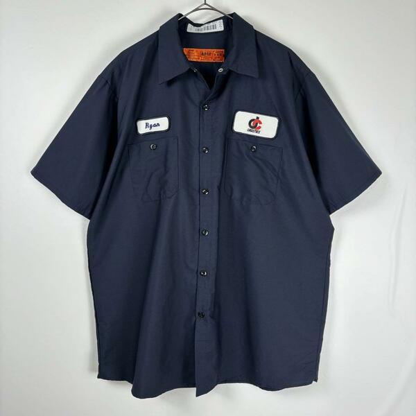 USA古着 REDKAP ワークシャツ 半袖 企業ロゴ ワッペン ネイビー XL