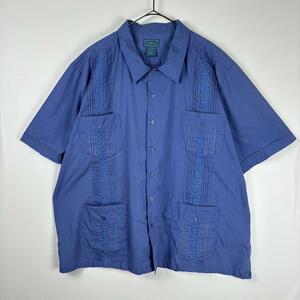 古着 90s キューバシャツ 半袖 豪華 刺繍 ライン 青 ブルー 2XL