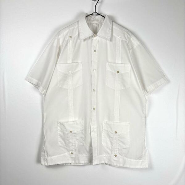 古着 90s キューバシャツ 半袖 ライン 刺繍 無地 シンプル ホワイト L
