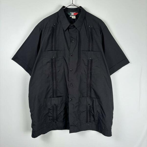 古着 90s キューバシャツ 開襟シャツ 半袖 ライン ブラック XL