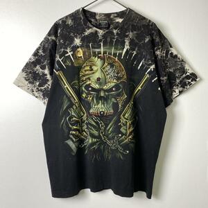 古着 スカル 銃 リボルバー 総柄 派手 Tシャツ V系 パンク ブラック L