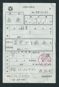 昭和６２年　　近畿日本鉄道　　鶴橋駅発行　　出札補充　往復乗車券　　復券