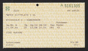 SJ　　スウェーデン国鉄　　ストックホルム－コペンハーゲン　　乗車券