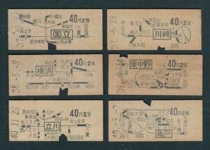 昭和３７～４０年　　川崎・国立・横浜・東中野・立川・亀戸駅　　Ｂ型　　４０円　　２等　　地図式乗車券　　色々６枚