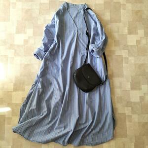 ROPE Rope Skipper stripe shirt One-piece light blue A line long sleeve easy blue stripe button less maxi height 