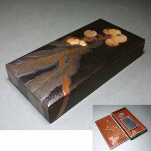 慶應◆本物保証 明治-大正時代 木の実蒔絵 小硯箱 見返し梨子地に秋草蒔絵の画像1