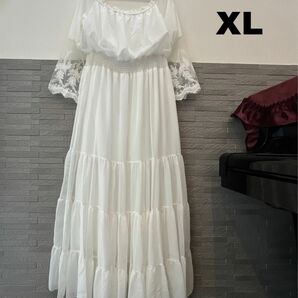 ホワイト ロングドレス XL コンサート パーティー 演奏会 マキシ丈ドレス　結婚式衣装　大きいサイズ　ゆったり　シンプルドレス