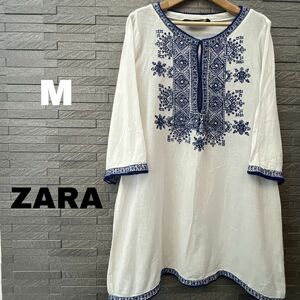 ザラ ZARA 楊柳刺繍 カフタンブラウス チュニック 長袖 ワンピース 白 M バルーンワンピース　