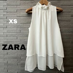 ザラ ZARA ノースリーブ トップス　ビジュ カットソー チュニック ホワイト レース　インナー