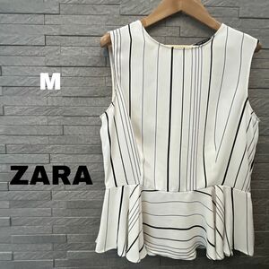 ザラ ZARA タンクトップ トップス インナー カットソー ホワイト×ブラック Mサイズ　ストライプ　ノースリーブ