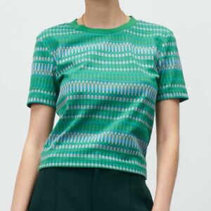 ザラ　ZARA ジャガード Tシャツ 半袖トップス カットソー グリーン　緑 Mサイズ　ふわふわ生地　シアサッカー　ボーダー