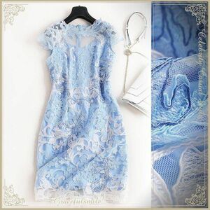 La MODE ライトブルー×ホワイト　パーティードレス　タイトドレス　Lサイズ　花柄　総柄　ミディアムドレス　ミドルワンピース