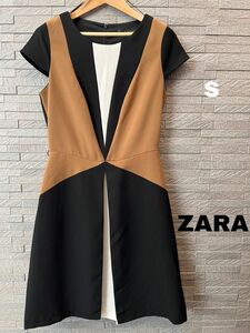 ザラ　ZARA Aライン ワンピース　ミディアムドレス フォーマル　オフィス ブラック×ブラウン×ホワイト　膝丈ワンピース