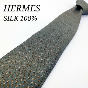 【美品 ハイブランド】エルメス HERMES ネクタイ 絹/シルク100% フランス製 総柄 グリーン 緑色 小判模様【高級感】