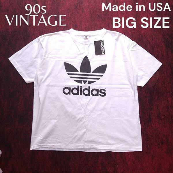 未使用 訳あり 90s adidas デカTシャツ USA製 前後両面プリント オーバーサイズ ヴィンテージ オールドアディダス 4L～ ビッグトレフォイル