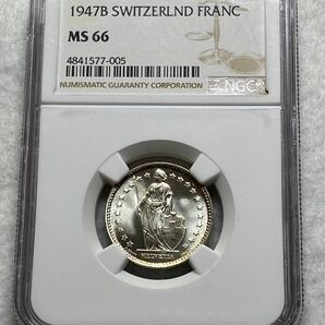 スイス 1947年 1フラン銀貨 PCGS MS66 4th高鑑定品！