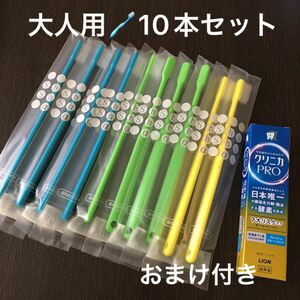 歯科医院専用歯ブラシ Shu 大人　シュシュα アルファ　ハミガキ用　歯ブラシ10本セット　青緑黄色＋　クリニカPRO携帯用30g