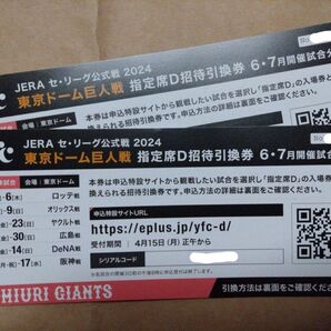 東京ドーム 巨人戦 指定席D招待引換券 6月・7月開催試合分 2枚セット　