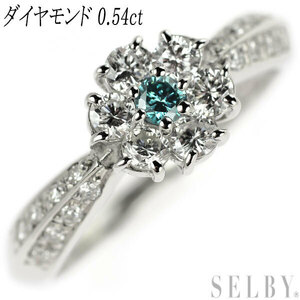 Pt900 トリートブルー/カラーレス ダイヤモンド リング 0.54ct フラワー 出品2週目 SELBY