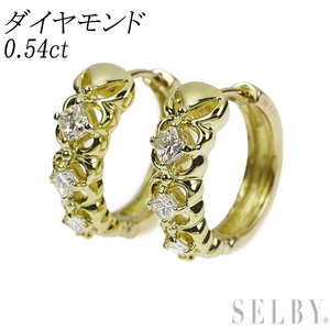 K18YG プリンセスカット ダイヤモンド ピアス 0.54ct フープ 出品4週目 SELBY