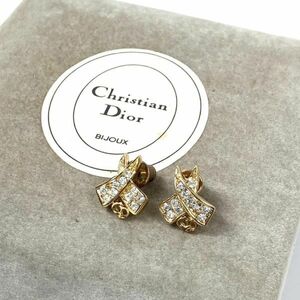 仙3 Christian Dior ピアス 両耳 リボン モチーフ ラインストーン CDロゴ ゴールドカラー 箱付き クリスチャンディオール ヴィンテージ