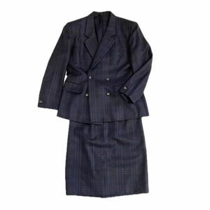 仙53 Burberrys ツイード チェック柄 スーツ スカート ジャケット 7AR ブルー系 バーバリー セットアップ 青 長袖