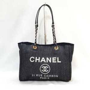 【美品級】CHANEL（シャネル）ドーヴィルMM デニムトートバッグ　ネイビー　紺　ショルダー　メンズ　レディース　人気色【送料無料】332