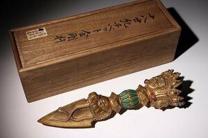 特別依頼出品　三井家由来某寺院所蔵　十八世紀チベット金剛杵　(検)金剛手貘彫紋 鍍金 銅製 仏教美術 古玩