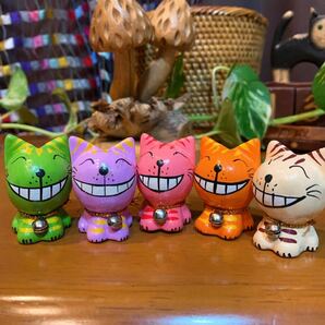 ミニミニバリ猫　鈴付き　笑顔が可愛い　ハンドメイド　ネコ　置き物　5匹セット　バリ雑貨　アジアン雑貨
