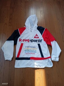 K-44【中古】le coqsportif 　ルコックスポルティフ　ゴルフウェア　パーカー　白　赤　黒　 スポーツ ジャケット　ウィンドブレーカー　L