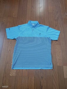 1304【中古】ASHWORTH　アシュワース　GOLF　 ゴルフウェア　半袖　ボタンダウンポロシャツ　ブルー水色のボーダー　メンズ　サイズ　O