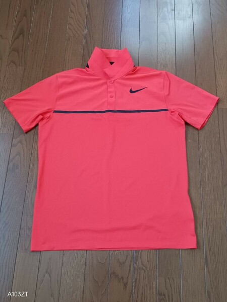 K-58【中古】NIKE ナイキ　GOLF　 ゴルフウェア　半袖　ポロシャツ　蛍光オレンジ　黒胸にライン　左胸にナイキのロゴ　メンズ　サイズ　L