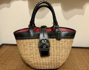 コーチ COACH かごバッグ ハンドバッグ ストローバッ グレザー