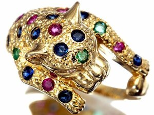1 jpy ~[ jewelry ultimate ] popular Panther design! natural blue sapphire & ruby & emerald & diamond high class K18YG ring a1148mo[ free shipping ]