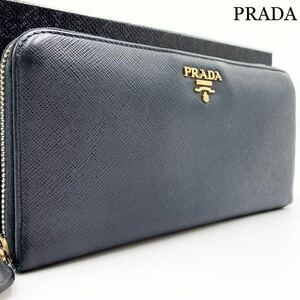 762【極美品】 PRADA プラダ メンズ ビジネス 長財布 ラウンドファスナー 金ロゴ サフィアーノ レザー 本革 ダークネイビー ユニセックス