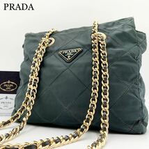 796【極美品・希少色】PRADA プラダ チェーンショルダーバッグ 三角ロゴプレート ゴールド金具 キルティング ナイロン レザー モスグリーン_画像1