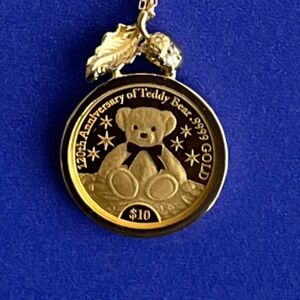 しあわせのテディ金貨 純金コイン宝飾ペンダント　ネックレス　純金メダル　K24 K18 アズキチェーン　アジャスター　ダイヤ付き
