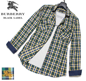  прекрасный товар!2(M)*ma гонг s проверка × шланг вышивка * Burberry Black Label серебристый жевательная резинка W карман мужской рубашка с длинным рукавом #BURBERRY BLACK LABEL