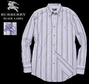 極美品！3(L)★マルチストライプ×ホース刺繍★バーバリーブラックレーベル メンズ BD長袖シャツ ドレスシャツ 白紫 BURBERRY BLACK LABEL