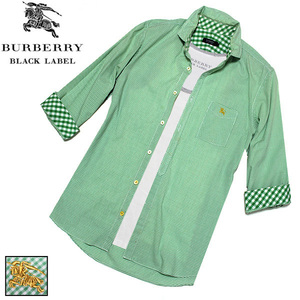  хорошая вещь!3(L) Burberry Black Label серебристый жевательная резинка проверка стрейч .7 минут рукав рубашка #BURBERRY BLACK LABEL рубашка с коротким рукавом ~ рубашка с длинным рукавом 