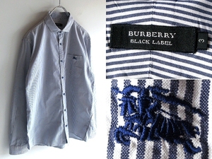 希少 BURBERRY BLACK LABEL バーバリーブラックレーベル ホースロゴ刺繍 前立て裏テープ 袖裏オックスフォード コットンストライプシャツ 3