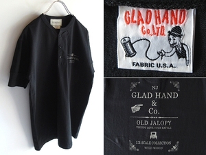 未使用 美品 GLAD HAND グラッドハンド USA製生地 OLD JALOPY 旧車 ロゴプリント コットン ヘンリーネックTシャツ M 黒 ブラック