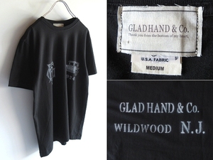 未使用 美品 GLAD HAND グラッドハンド USA製生地 WILDWOOD 1924 旧車 ロゴ ステンシルプリント コットン クルーネック Tシャツ M ブラック