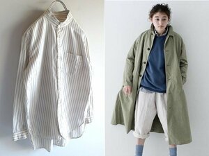 ネコポス対応 nest Robe ネストローブ 2019AW コットン ストライプ スモールスタンドカラーシャツ ブラウス FREE オフホワイト ブルー 白青